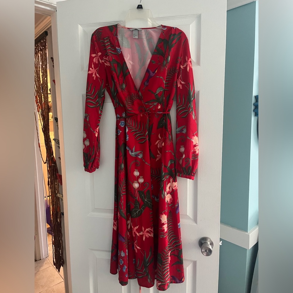 H&M Long Red Wrap Dress with Tropical Design